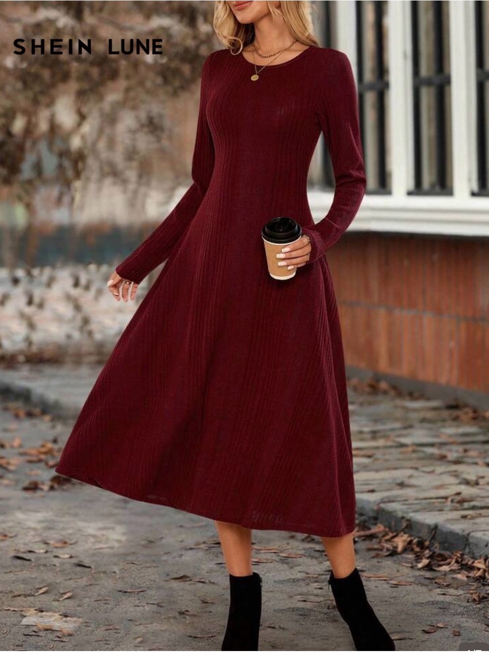 SHEIN Lune Women's Long Sleeve Ribbed Midi Dress in Burgundy